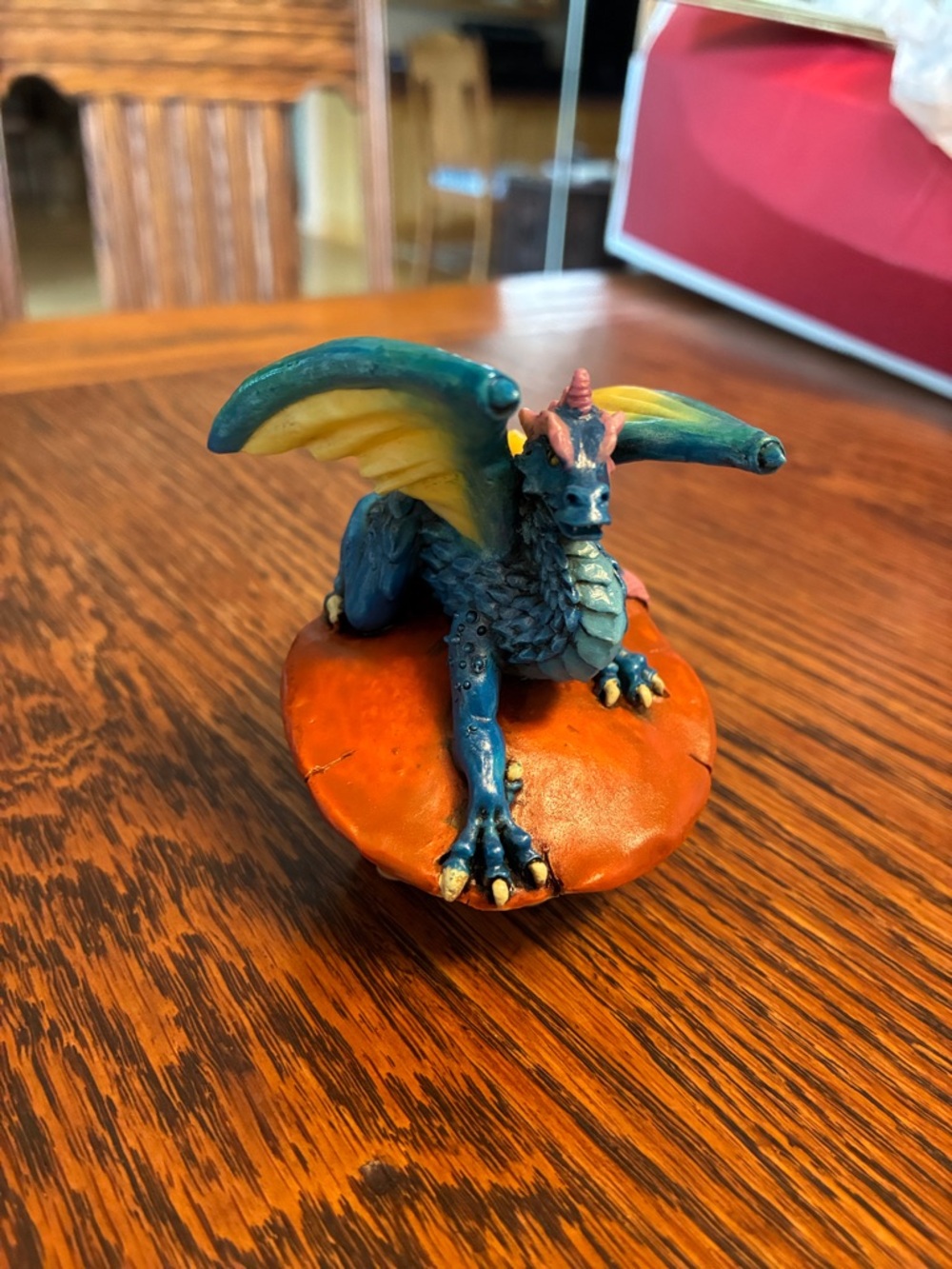 1997 WUI Small Resin Blue Yellow Dragon on an Orange Mushroom Toadstool Fantasy